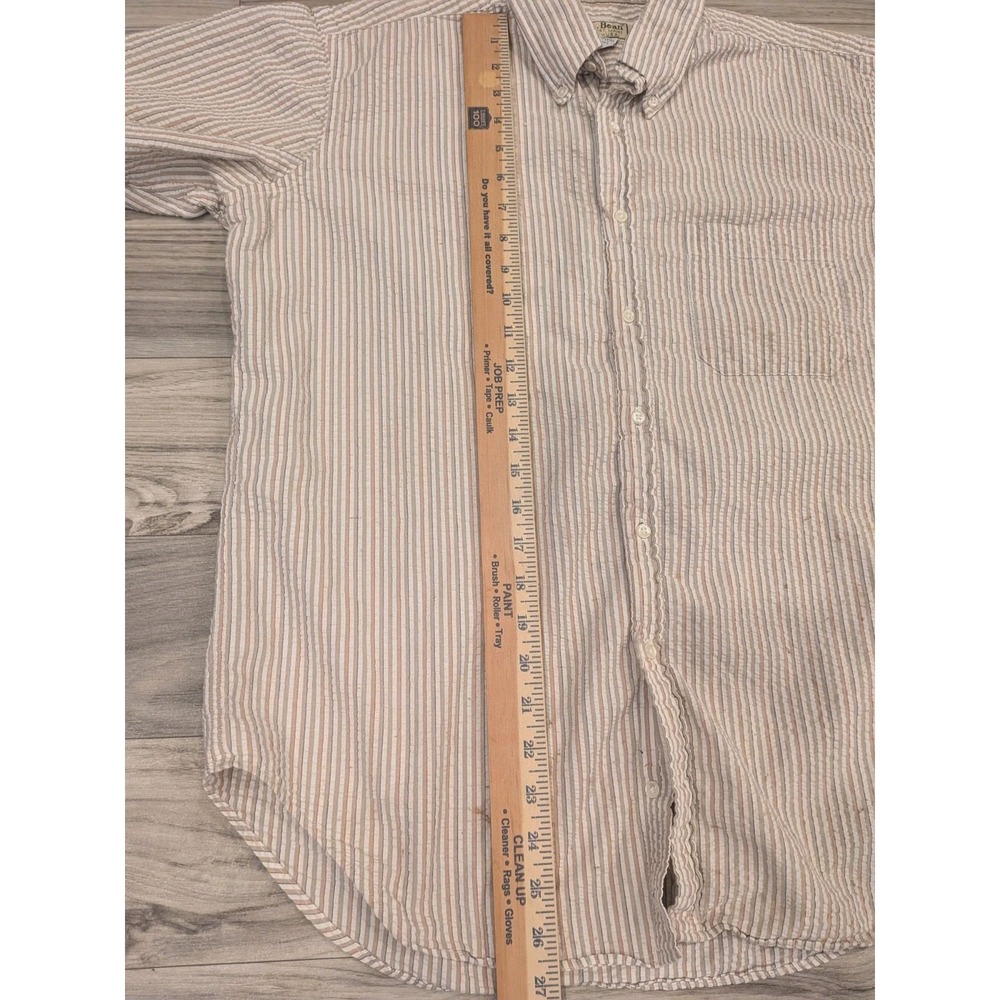 LL Bean Seersucker Shirt Mens L Tan Striped Short Sleeve Button Up Vintage USA - Picture 9 of 16